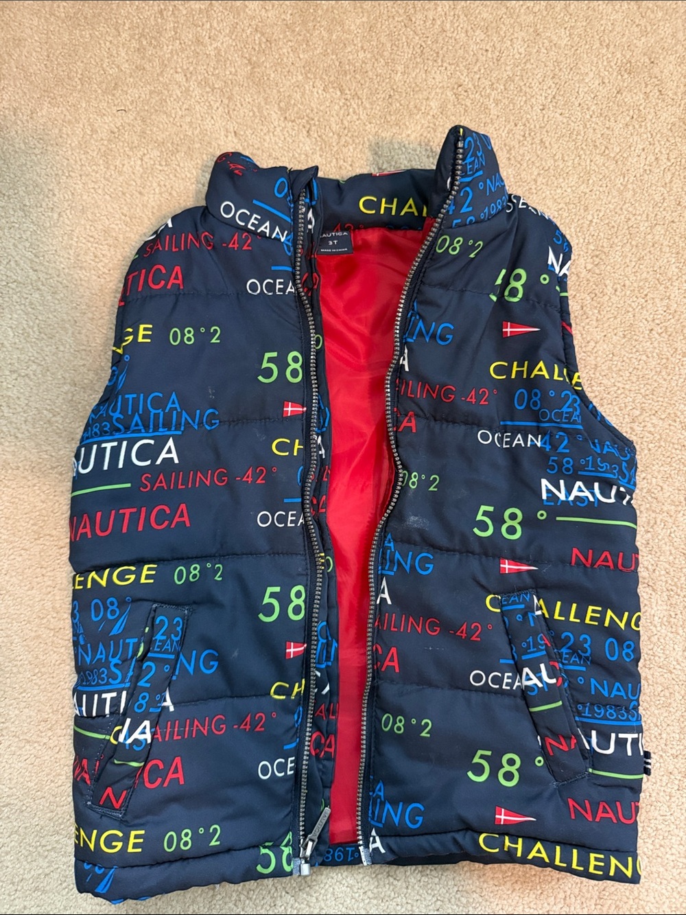 3T toddler Nautica Navy Puffer Vest, sailing nautica multicolor print